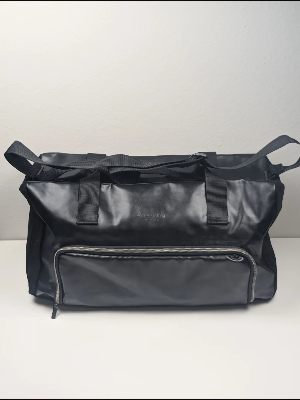 Calvin Klein Fragrances Black Faux Leather Duffle Weekender Gym Travel Bag